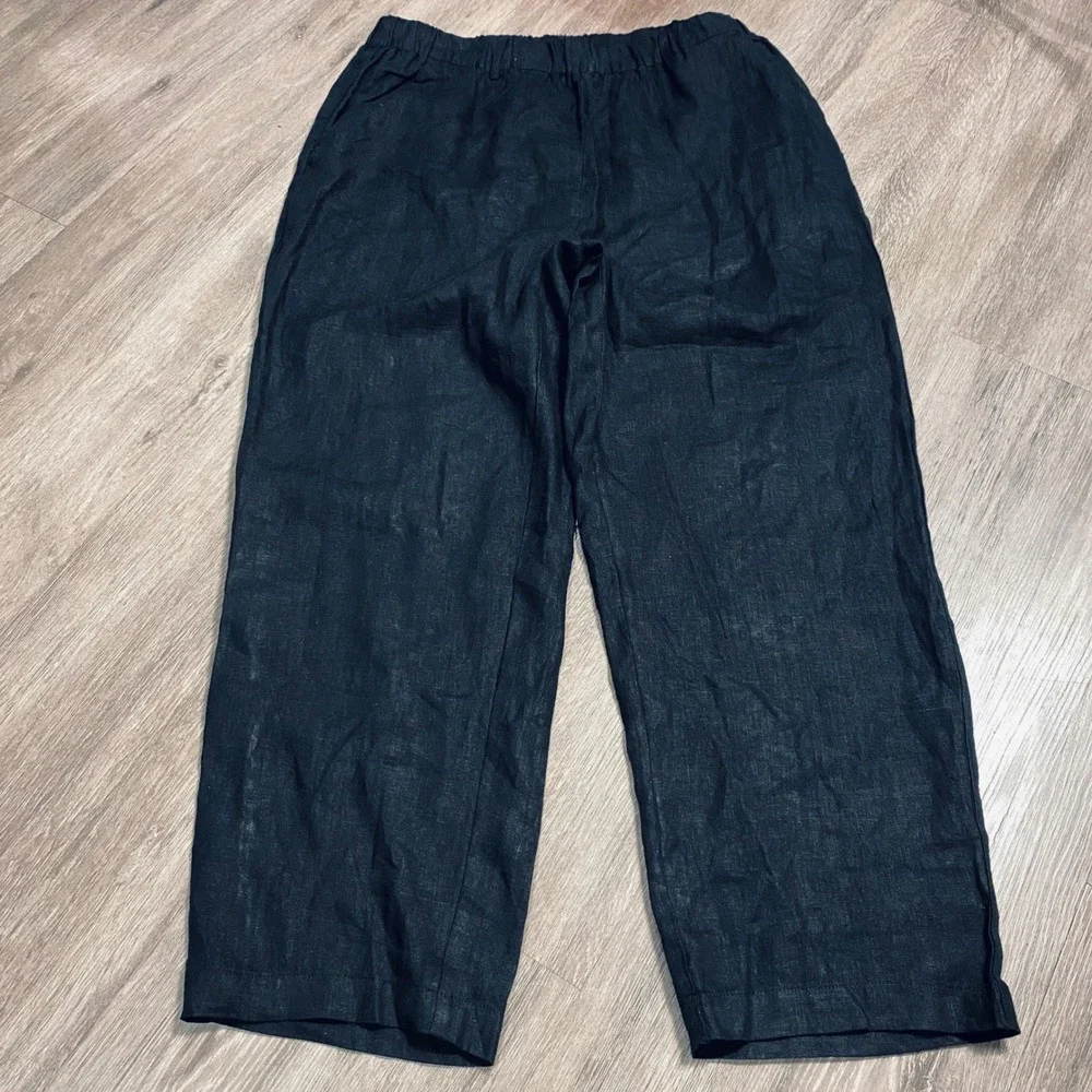 Quince Womens 100% European Linen Wide Leg Pants Black Elastic Waist Large L